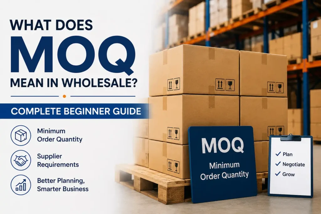 Featured image illustrating MOQ in wholesale with warehouse cartons, palletized boxes, supplier logistics, and minimum order quantity concepts for international trade.