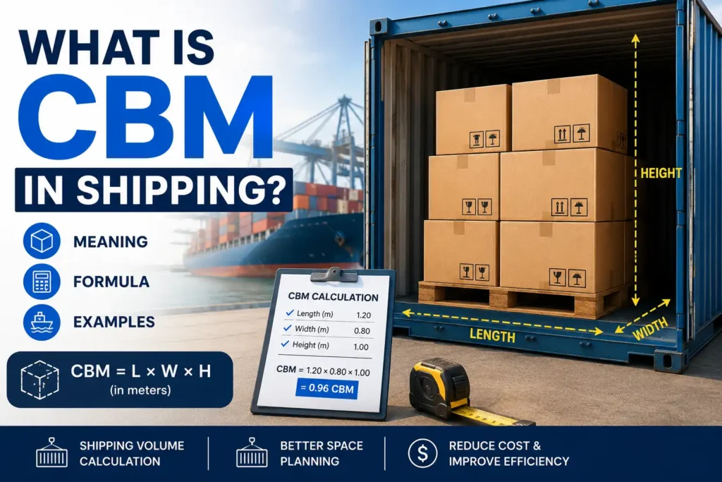 CBM in shipping infographic showing shipping containers, cargo measurement, logistics warehouse operations, and cubic meter volume calculation for freight shipping.