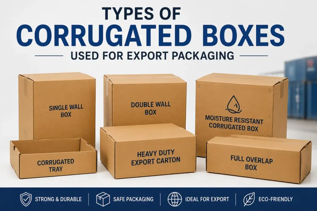 Infographic showing different corrugated boxes for export packaging, including single wall, double wall, heavy duty export cartons, and moisture-resistant corrugated boxes.