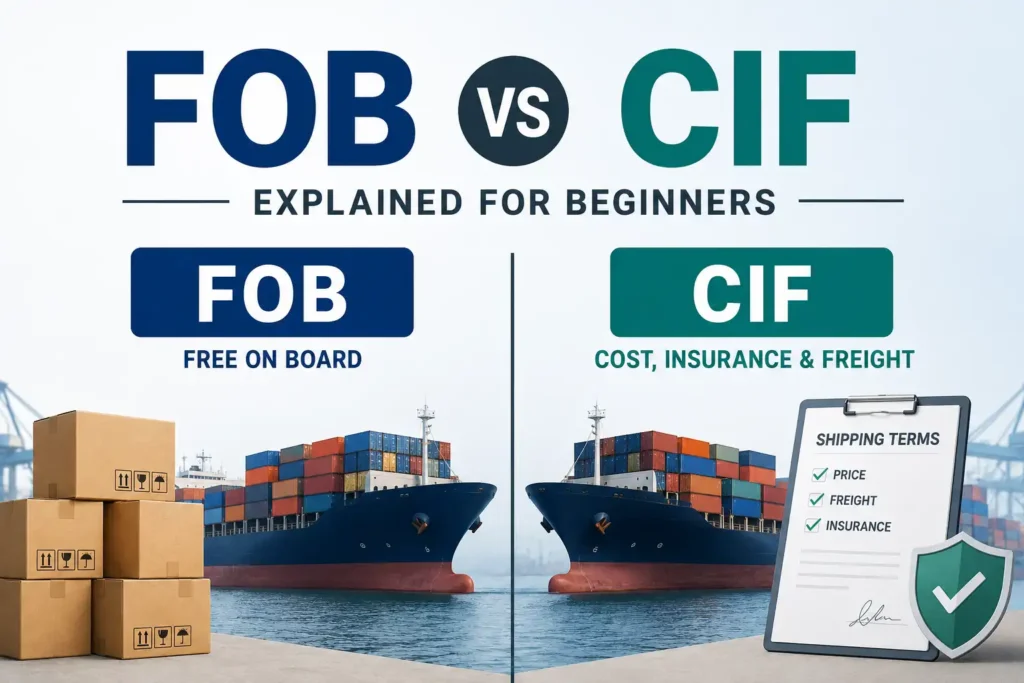 FOB vs CIF infographic showing cargo ships, shipping containers, export cartons, freight insurance documents, and international shipping terms comparison.