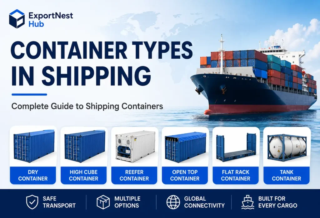 Featured image showing major container types in shipping, including dry containers, high cube containers, reefer containers, open top containers, flat rack containers, and tank containers alongside a cargo ship used in international logistics and sea freight.