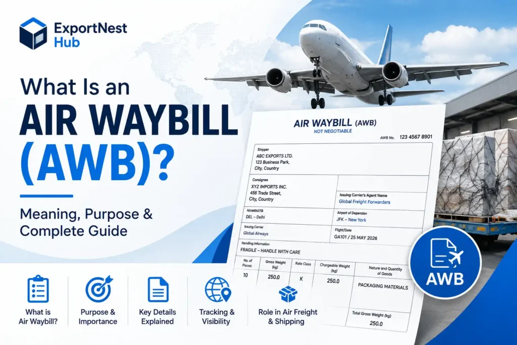 Featured image for an Air Waybill (AWB) guide showing an aircraft, air cargo shipment, AWB document, and ExportNest Hub branding, illustrating air freight documentation and international shipping.