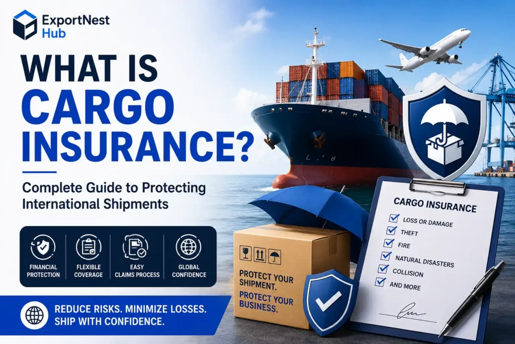 Featured image illustrating cargo insurance for international shipments, showing a container ship, cargo protection shield, shipping boxes, air freight, and insurance policy documents used in global trade and logistics.