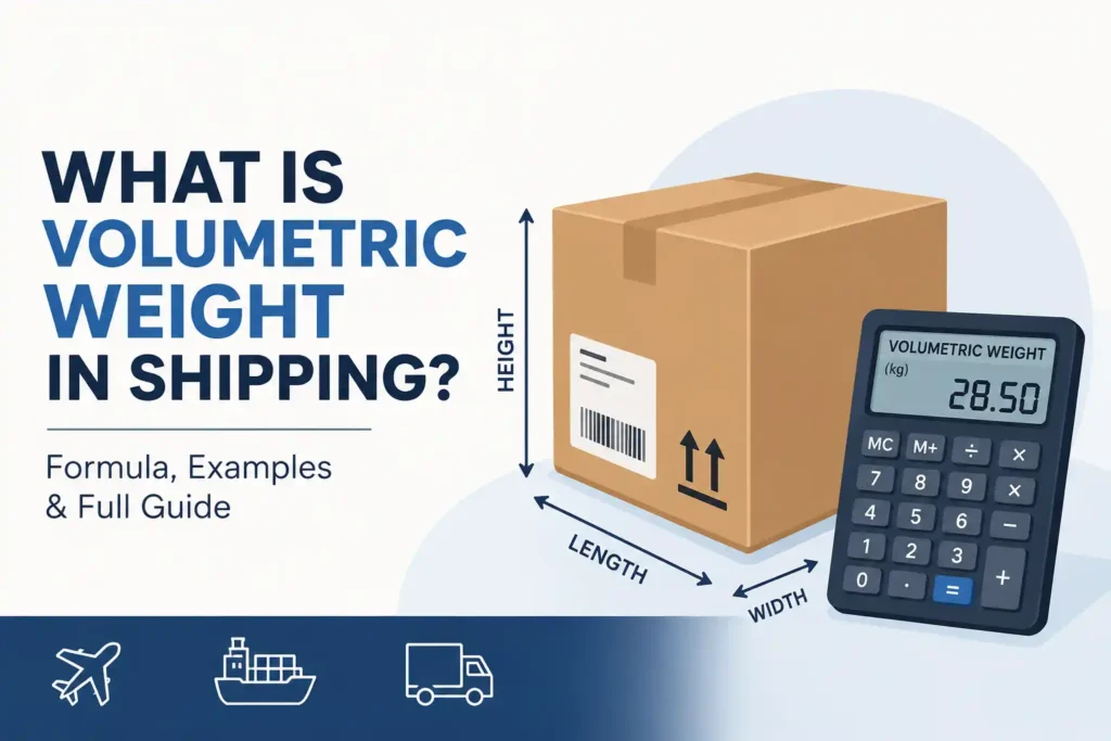 Illustration explaining volumetric weight in shipping with a cardboard box, shipment dimensions, and freight calculation concept for air cargo and logistics.