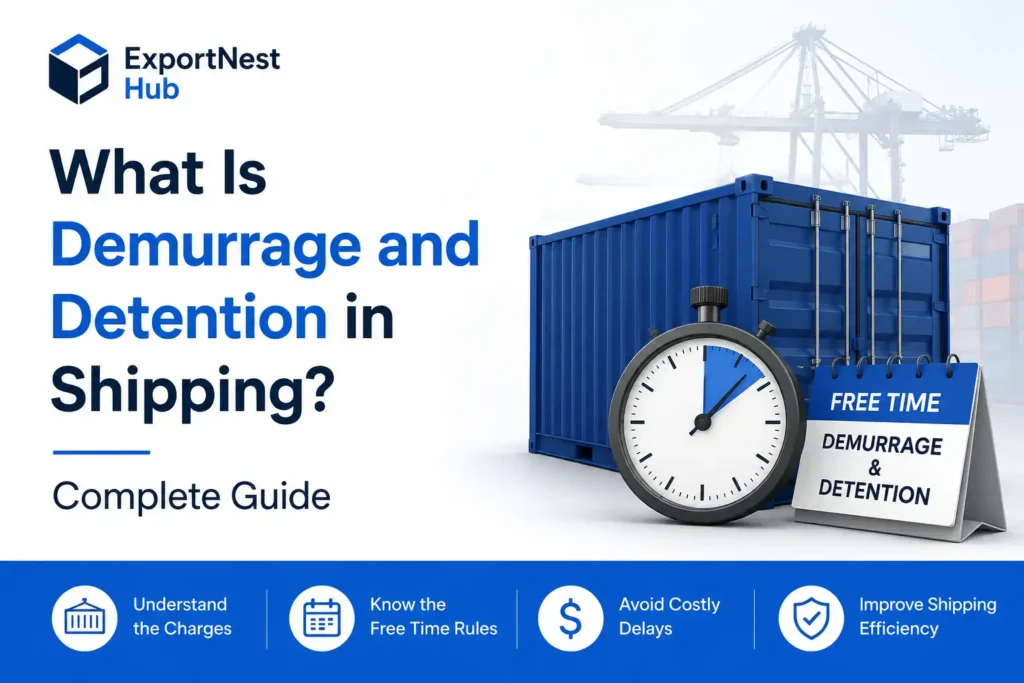 Featured image for a demurrage and detention in shipping guide showing a shipping container, stopwatch, free time calendar, and port cranes, illustrating container storage charges, detention fees, and shipping delays in international trade.