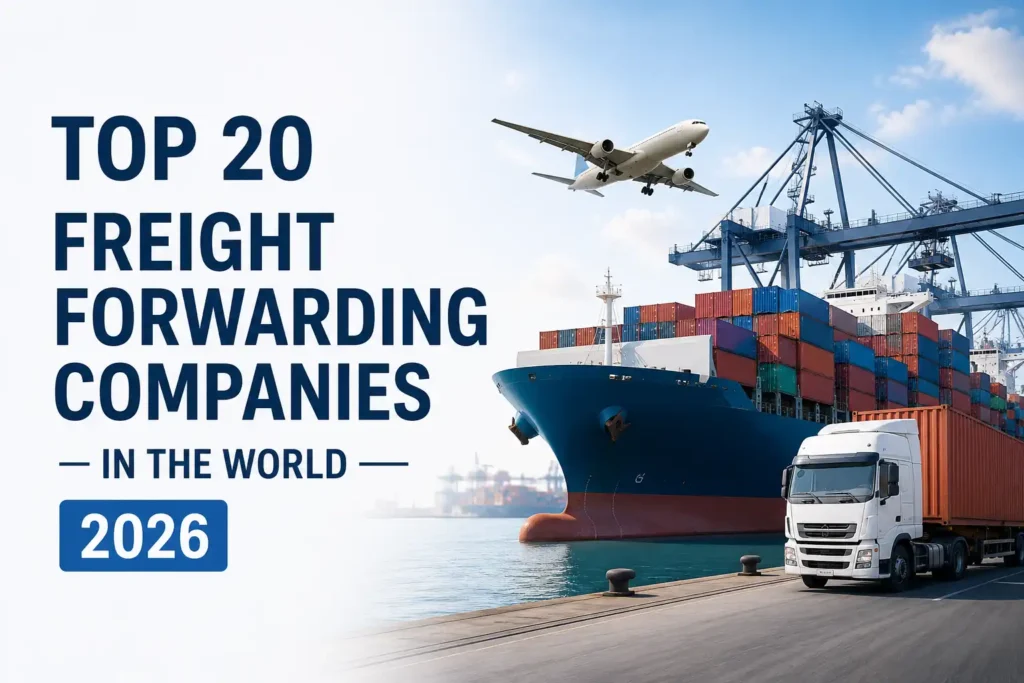 Featured image showing the top 20 freight forwarding companies in the world for 2026, with a container ship, cargo truck, airplane, shipping containers, and port cranes representing global logistics and international freight transportation.