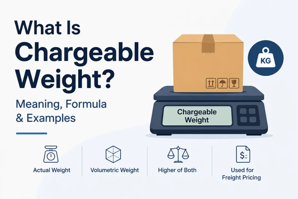 Illustration showing chargeable weight in shipping with a cargo box on a weighing scale, representing actual weight, volumetric weight, and freight pricing calculations.